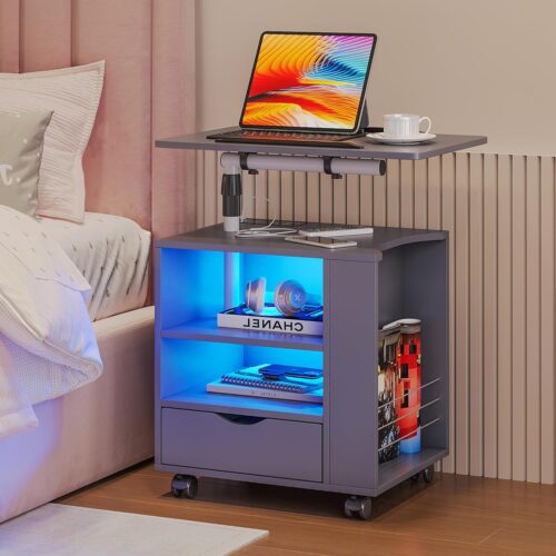 OUTDOOR DOIT LED Nightstand with Charging Station (Wireless, USB, Type-C) - Modern Bedside Table with Adjustable Rotary Table, Smart Night Stand Featuring Human Body Sensor Light for Bedroom - Grey