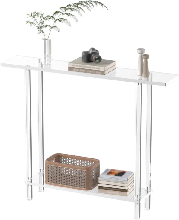Modern Acrylic Narrow Console Table for Entryway - 7.6" D x 39.4" W x 31.5" H, Featuring Square Legs, Skinny Design Perfect for Sofa, Foyer, Hallway, Living Room - 2-Tier Clear Finish 3