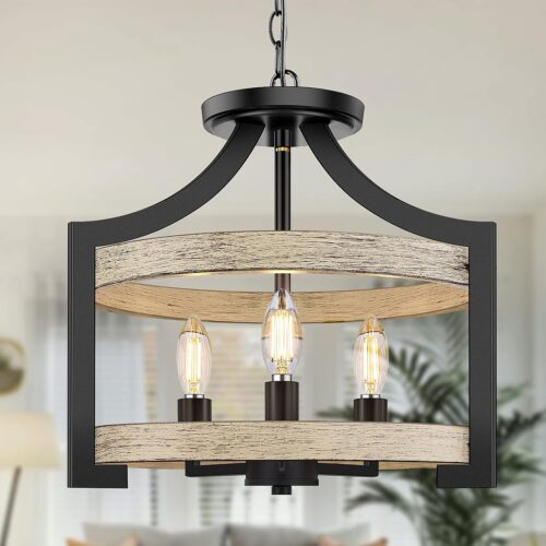 "Rustic Farmhouse Pendant Hanging Light - 3-Light Fixture with Adjustable Height (Max 68in), Vintage Semi Flush Mount Design Featuring Black Metal Chandelier and White Birch Wood Finish - Ideal for Kitchen, Dining Room, or Living Space