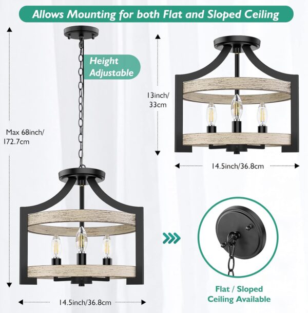 "Rustic Farmhouse Pendant Hanging Light - 3-Light Fixture with Adjustable Height (Max 68in), Vintage Semi Flush Mount Design Featuring Black Metal Chandelier and White Birch Wood Finish - Ideal for Kitchen, Dining Room, or Living Space 2