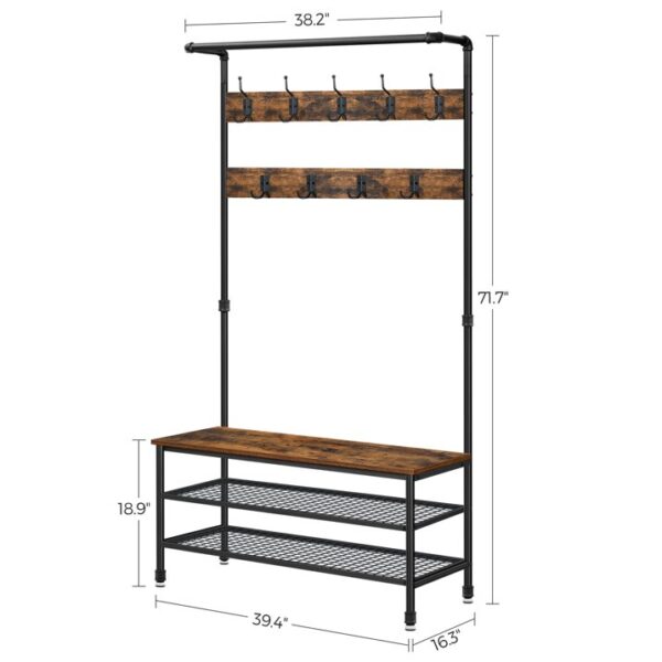 VASAGLE 3-in-1 Entryway Coat Rack and Storage Bench - Multifunctional Hall Tree with 9 Hooks and Sturdy Steel Frame 3