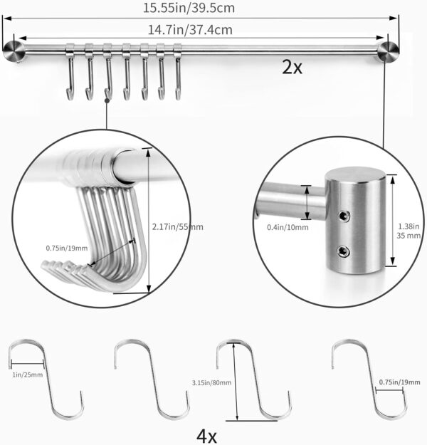 Kitchen Utensil Rack 2 Pack - 15.6 Inch Wall Mounted Hanging Rack for Pots and Pans, Made of 304 Stainless Steel with 7 Sliding Hooks for Spatulas, Spoons, Measuring Cups, and Coffee Mugs 3