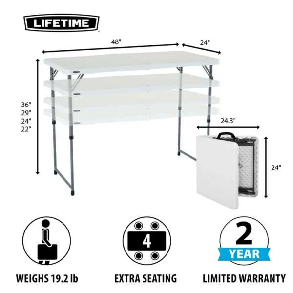 Lifetime 4 ft. Rectangle Fold-in-Half Adjustable Table - Indoor/Outdoor Residential Use - White (Model 4428) 3