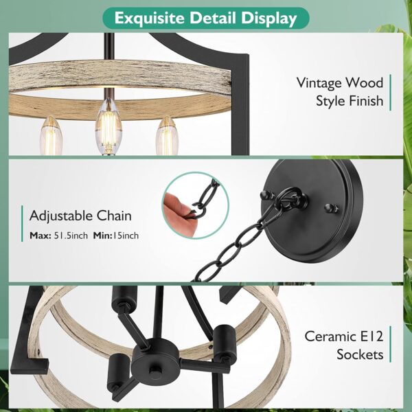 "Rustic Farmhouse Pendant Hanging Light - 3-Light Fixture with Adjustable Height (Max 68in), Vintage Semi Flush Mount Design Featuring Black Metal Chandelier and White Birch Wood Finish - Ideal for Kitchen, Dining Room, or Living Space 3