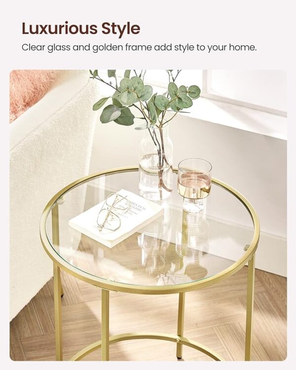 VASAGLE Round Side Table - Glass End Table with Metal Frame, Gold Coffee Table with Modern Style for Living Room, Balcony, Bedroom - Gold Color 4