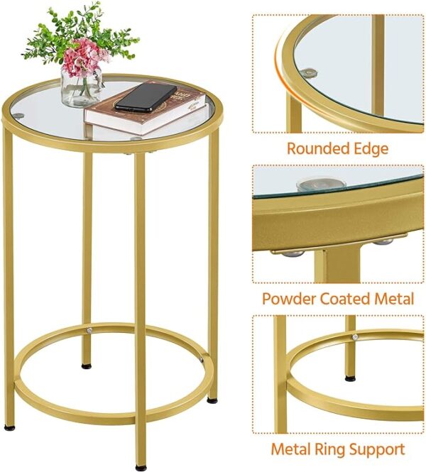 Yaheetech Glass End Table - Round Side Table with Glass Top & Metal Frame - Small Coffee Accent Table Nightstand for Living Room, Bedroom, Balcony, Porch - Modern Mustard Gold Style, Space-Saving 4