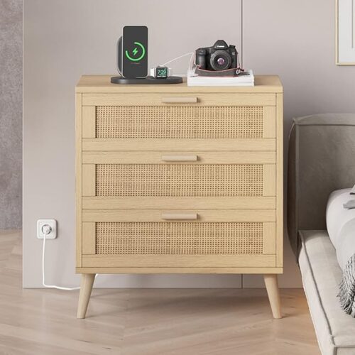 111 Irontar Rattan Nightstand with Charging Station - Farmhouse End Table, Bedside Table with USB Ports and AC Outlets, Natural Finish