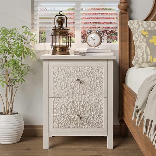 111 Farmhouse Fully-Assembled Nightstand - 2-Drawer Flower Motif End Table for Small Spaces, French Country Style, Modern Design, Distressed White-Washed Finish