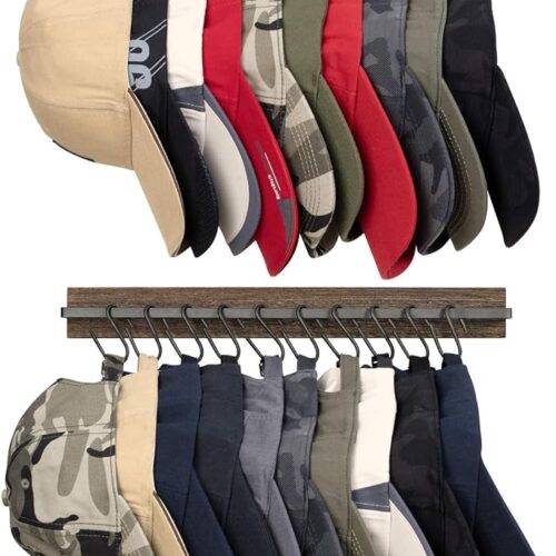 a Mkono Wall-Mounted Wooden Hat Rack - Rustic Organizer with 20 Hooks for Baseball Caps, Cowboy Hats - Ideal for Closet, Bedroom, Entryway - Set of 2, Brown