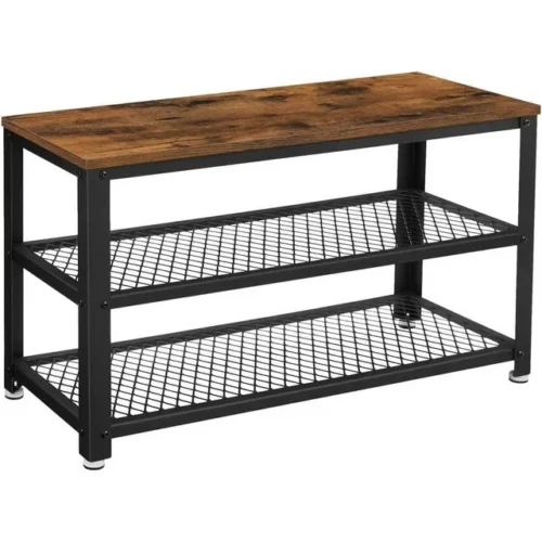 a VASAGLE 28.7" Shoe Rack Bench - 3-Tier Shoe Shelf Storage Bench with Metal Mesh Shelves and Seat - Brown Finish