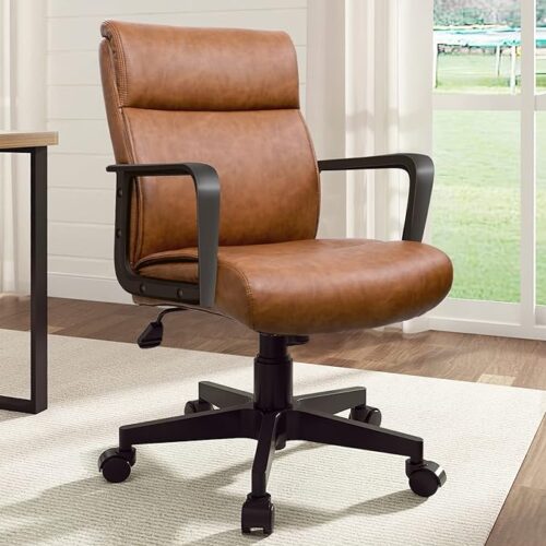 a Brown Leather Mid Back Desk Chair with Arms and Wheels - Mid-Century Style Office Chair by Artswish