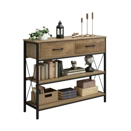 a Homfa Console Table with Drawers - Rustic Hallway Table with Storage Shelves - Narrow Sofa Entryway Table for Living Room - Rustic Brown Finish