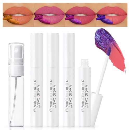 a 4-Color Peel Off Lip Stain - Tattoo Magic Color Lip Tint in Pink, Red, Nude Matte Shades - Natural Finish Lip Gloss Tear-Off Formula - Waterproof, Long-Lasting, Nonstick Lipstick Makeup Set with 5ML Empty Spray Bottle