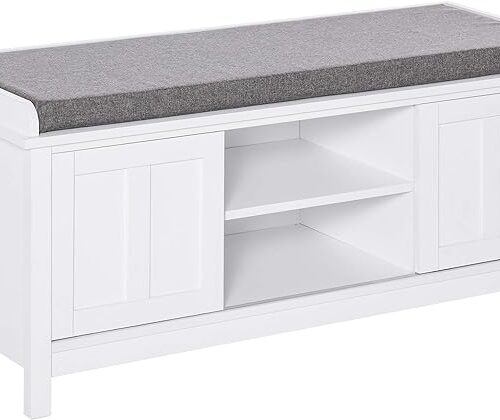 a HOMCOM Entryway Shoe Bench Storage Ottoman with Sliding Doors - Adjustable Shelving, 6 Compartments, and Padded Seat - Holds 10 Pairs - White/Gray
