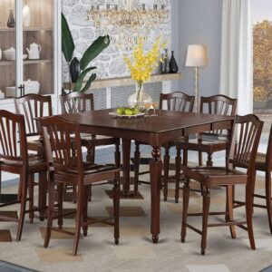 East West Furniture CHEL9-MAH-W 9-Piece Counter Height Dining Table Set - Includes 54x54 Inch Square Kitchen Table with Butterfly Leaf and 8 Dining Chairs - Mahogany Finish