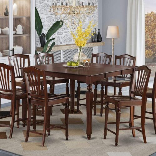 East West Furniture CHEL9-MAH-W 9-Piece Counter Height Dining Table Set - Includes 54x54 Inch Square Kitchen Table with Butterfly Leaf and 8 Dining Chairs - Mahogany Finish