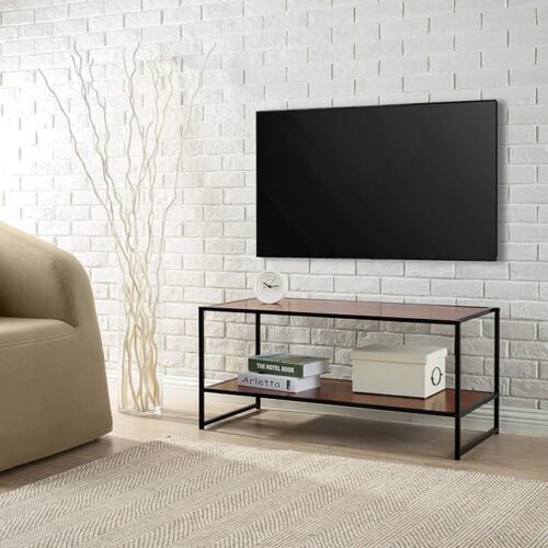 a ZINUS TV Stand with Shelf - 40 Inch - Red Mahogany Wood Grain Finish