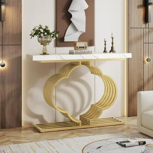 Tribrsigns Modern Console Table - Faux Marble Console Accent Table with Flower-Shaped Pedestal - Ideal for Entryway, Hallway - White & Gold Finish - Faux Marble Console Accent Table with Flower-Shaped Pedestal - Ideal for Entryway, Hallway - White & Gold Finish