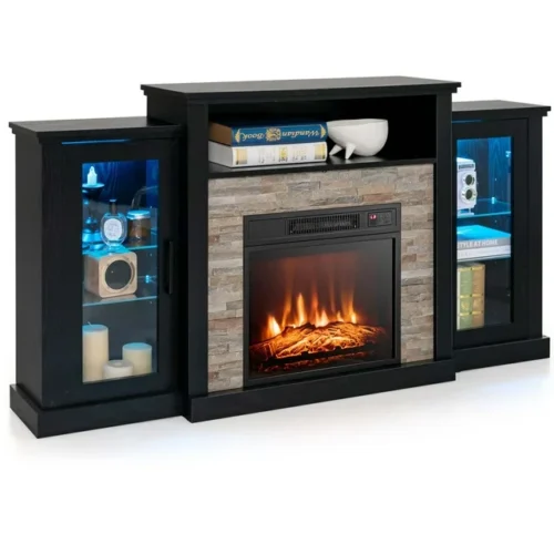 Costway Fireplace TV Stand with LED Lights & 18'' Electric Fireplace - For 65" Wall-Mounted TV - Black