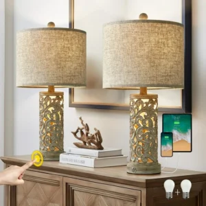 Oneach 3 Way Dimmable Touch 21" Farmhouse Table Lamps for Living Room Bedroom - Set of 2 Retro Bedside Nightstands Lamps with USB Ports (Bulbs Included)