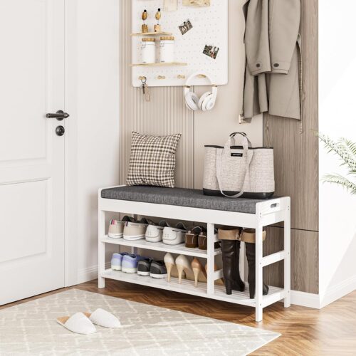 a Bamboo Shoe Bench with Cushion - Entryway Storage Bench with Hidden Compartment - Shoe Rack Organizer for Entry, Hallway - White Finish