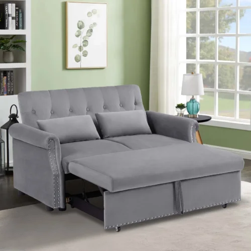 a The Aukfa 55-inch convertible sleeper sofa bed with a pull-out couch, featuring a velvet tufted button backrest and a gray color, offers both style and versatility.