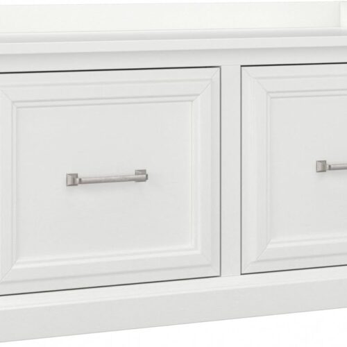 a Bush Furniture Woodland Shoe Storage Bench with Doors - Footwear Organizer for Home Entryway, Mudroom, and Foyer - 40W - White Ash Finish