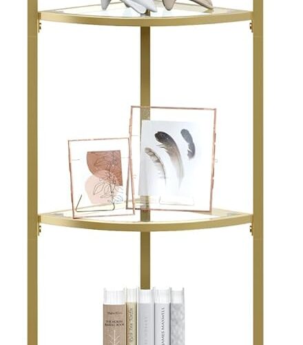 VASAGLE 5-Tier Corner Shelf Stand - Corner Bookshelf, Bathroom Organizer, Plant Stand - Tempered Glass, Steel Frame - Modern Style - Ideal for Living Room, Bathroom, Kitchen - Metallic Gold Finish (Model: ULGT810A01)