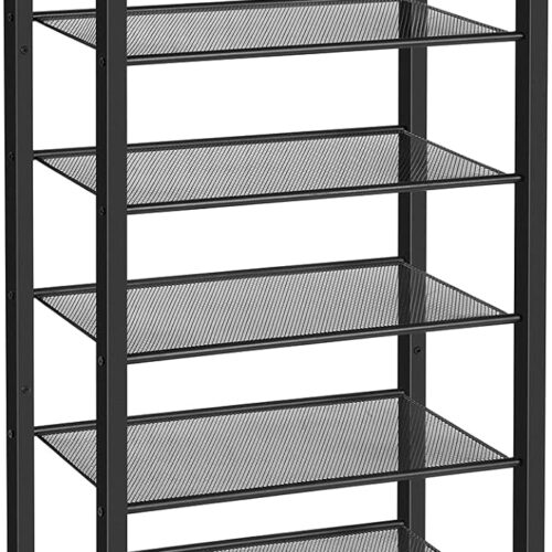 8 Tier Narrow Shoe Rack Organizer - Space-Saving, Stable, and Sturdy Design with 7 Metal Shelves - Holds 14-21 Pairs of Shoes - Ideal for Entryway, Hallway, Living Room - Rustic Brown Finish (Model: BF48XJ01)