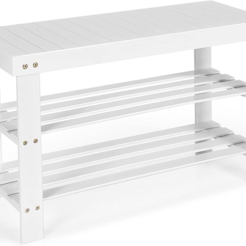 Giantex Entryway Shoe Bench - Bamboo Shoe Shelf Organizer Holds up to 6 Pairs - 3-Tier White Shoe Storage Rack for Heels, Slippers - Ideal for Entry, Living Room, Bathroom (White)