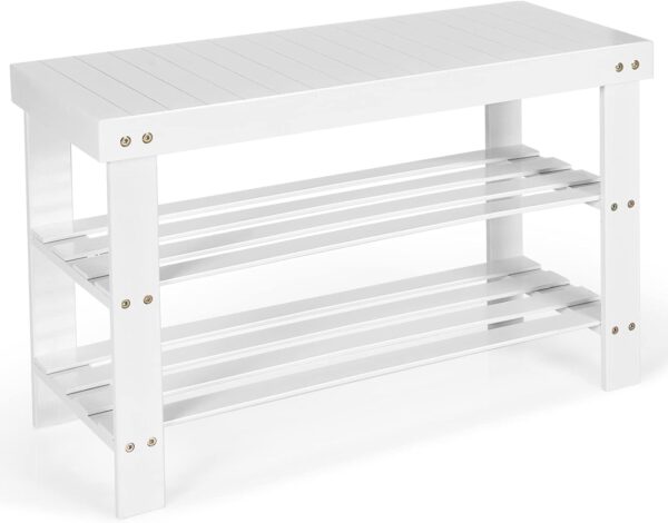 Giantex Entryway Shoe Bench - Bamboo Shoe Shelf Organizer Holds up to 6 Pairs - 3-Tier White Shoe Storage Rack for Heels, Slippers - Ideal for Entry, Living Room, Bathroom (White) 1