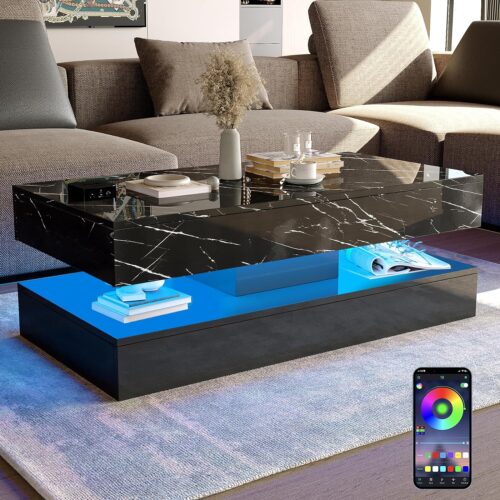 LED Coffee Table with 2 Storage Drawers - Modern High Gloss Black Coffee Table with 20 Colors LED Lights - 2 Tiers Rectangle Center Table for Living Room with Marbling Print - APP Control - Black