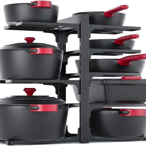 a MUDEELA 8-Tier Heavy Duty Adjustable Pan Organizer Rack for Kitchen Cabinet Storage and Organization