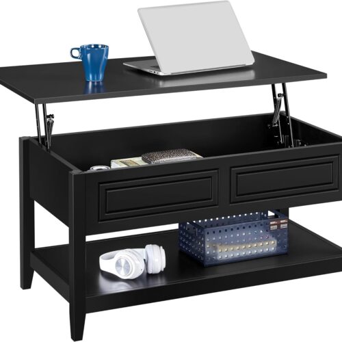a Yaheetech Lift Top Coffee Table with Hidden Compartment and Open Storage Shelf - Retro Center Coffee Table - Rising Tabletop Center Table for Living Room Reception - 37.5in - Black