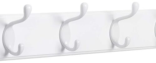 SONGMICS Wall-Mounted Coat Rack - 4 Dual Metal Hooks for Coats, Bags, Keys - Ideal for Entryway, Bedroom, Living Room - White Finish (Model: ULHR23WT)
