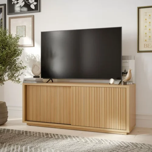 Stylish Fluted TV Stand for TV's up to 70” by Drew Barrymore - Warm Honey Finish