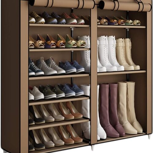 Shoe Rack Shoe Storage Boot Style Holds up to 27 Pairs of Shoes with Non-woven Fabric Cover - Brown