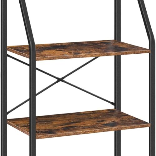 Bakers Rack - 4 Tier Microwave Stand - Coffee Bar Station with 6 Hooks - X-Shaped Back Support - Ideal for Kitchen, Dining Room, Living Room - Rustic Brown Finish (Model: BRHR6001Z)