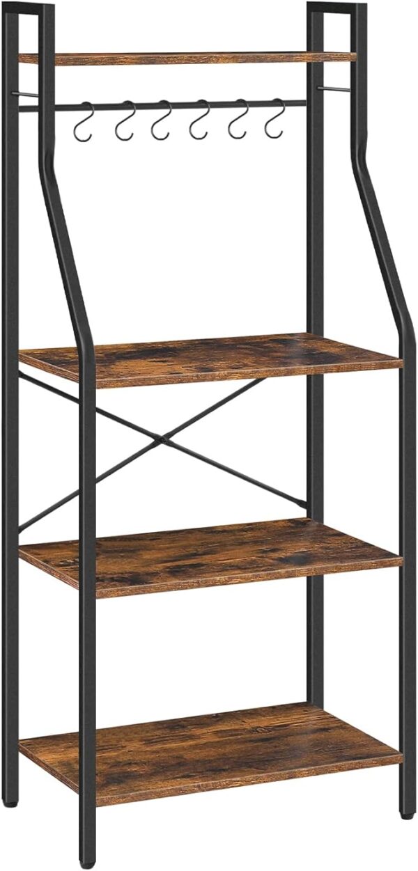 Bakers Rack - 4 Tier Microwave Stand - Coffee Bar Station with 6 Hooks - X-Shaped Back Support - Ideal for Kitchen, Dining Room, Living Room - Rustic Brown Finish (Model: BRHR6001Z) 1