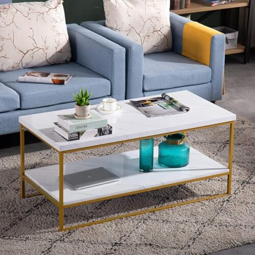 a Bonnlo Faux Marble Gold Coffee Table - 41.7" Marble Top Coffee Table - White and Gold Coffee Table with Storage for Living Room - Rectangular Coffee Table