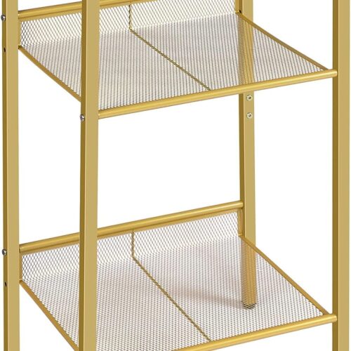 a Tall End Table - Gold Side Table with Mesh Shelves - 3-Tier High Sofa Side Table with Tempered Glass Top - Telephone Table, Bedside Table for Living Room, Bedroom - Gold Finish (Model: GD04DH01)