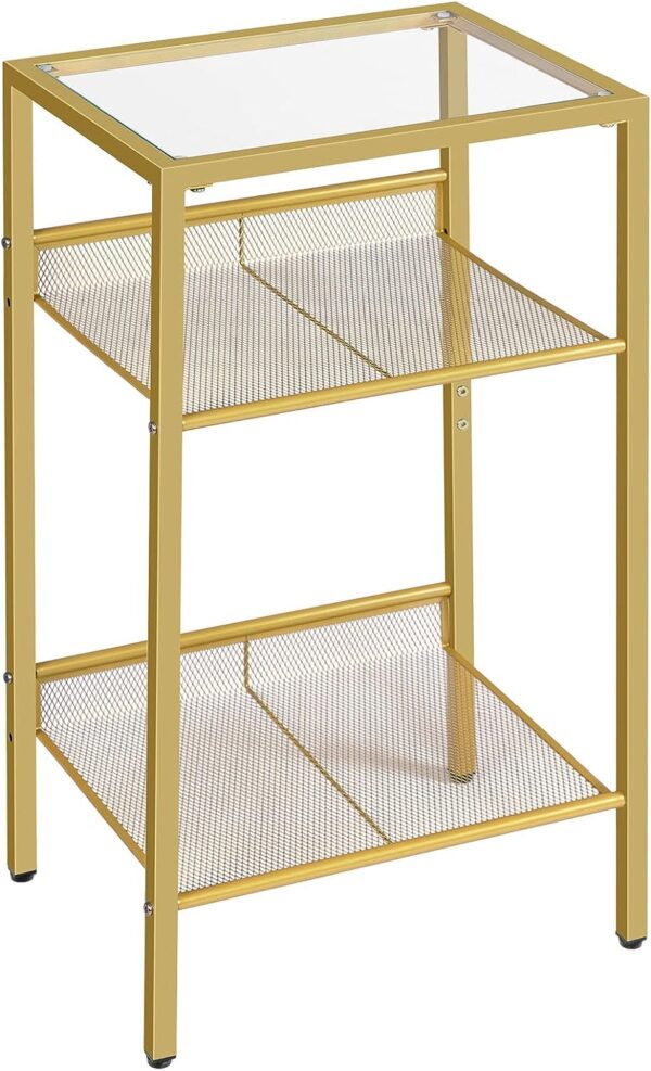 Tall End Table - Gold Side Table with Mesh Shelves - 3-Tier High Sofa Side Table with Tempered Glass Top - Telephone Table, Bedside Table for Living Room, Bedroom - Gold Finish (Model: GD04DH01) 1