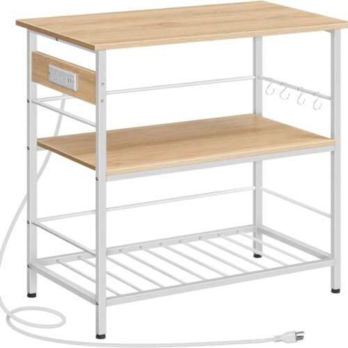 Kitchen Island with Storage - Includes Power Outlet, 3-Tier Coffee Station, and Microwave Stand - Ideal for Home, Kitchen, and Dining Room - White and Natural Finish (Model: WN021ZD01)