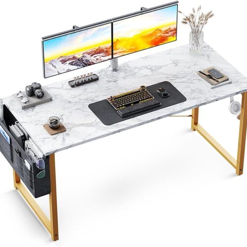 a ODK 48 inch Computer Desk - Writing Desk Home Office Desk - PC Study Table - Work Desk with Storage Bag and Headphone Hook - White Marble + Gold Leg