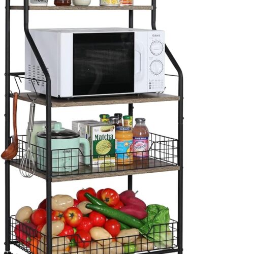 a Bakers Racks for Kitchens with Storage - 5 S Hooks - 4 Tier Rolling Microwave Cart Stand - Coffee Bar Table Station with Shelves - Wire Basket - Kitchen Organization Shelf Rack for Fruit, Vegetable, Spice