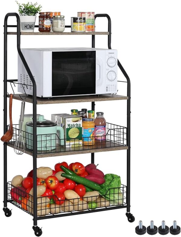 Bakers Racks for Kitchens with Storage - 5 S Hooks - 4 Tier Rolling Microwave Cart Stand - Coffee Bar Table Station with Shelves - Wire Basket - Kitchen Organization Shelf Rack for Fruit, Vegetable, Spice 1