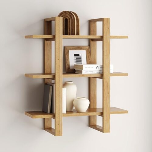 a Nathan James Benji Floating Wall Book Shelves - 3-Tier Display Shelf - Decorative Modular Shelf in Solid Wood for Bedroom, Nursery, Bathroom, or Kitchen