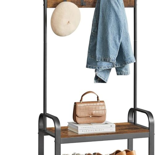 a VASAGLE Coat Rack Hall Tree with Shoe Bench for Entryway - 4-in-1 Design with 9 Removable Hooks, Hanging Rod - Rustic Brown and Black Finish - Dimensions: 13.3 x 28.3 x 72.1 Inches (Model: UHSR40B)