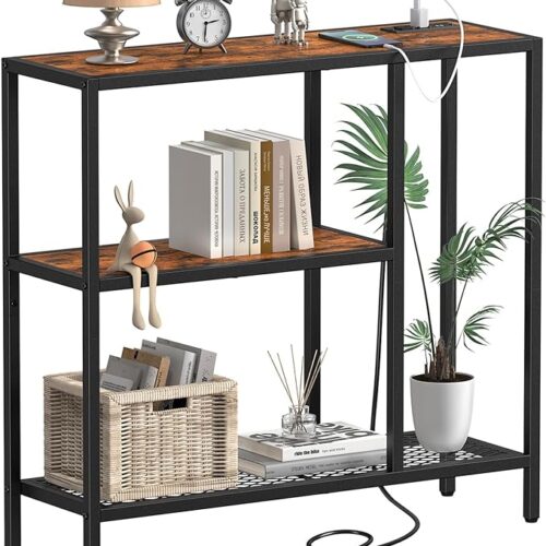 a Snughome 31.5" Narrow Console Table with Power Outlets - Entryway Table with 3-Tier Storage Shelves - Thin Sofa Table, Side Table, Hallway Table for Living Room, Hallway, Foyer, Couch