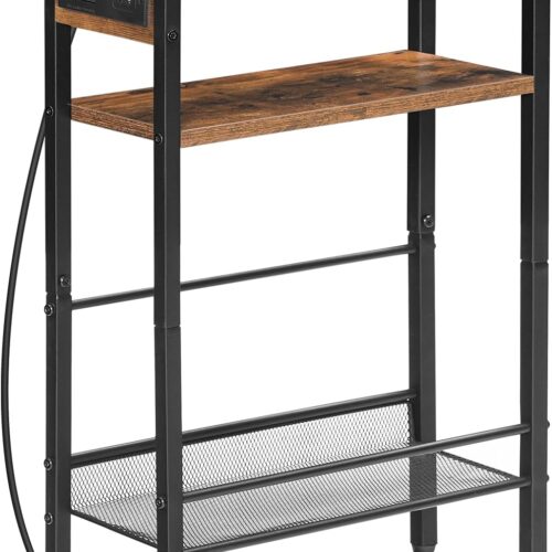 a Small Narrow Side Table with Charging Station - Skinny End Table for Small Spaces - Slim Nightstand with USB Ports Outlet - Sofa Beside Table with Storage Shelf - Rustic Brown and Black (Model: BF102UBZ01)